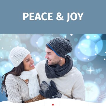 Composite of peace and joy text over caucasian couple in winter hats