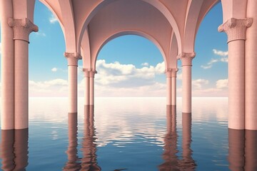 Peaceful seascape with calm water, mirrored arches, and serene sky. Generative AI
