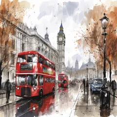 Poster London street with red bus in rainy day sketch illustration © olegganko