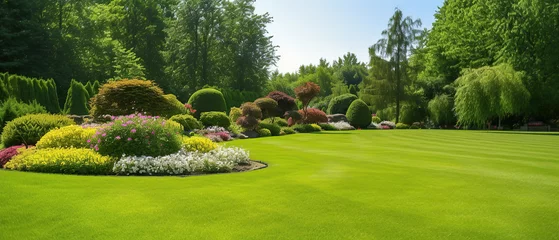 Foto op Aluminium Beautiful manicured lawn and flowerbed with deciduous shrubs on plot or Park outdoor. Green lawn closely mowed grass. © Santy Hong