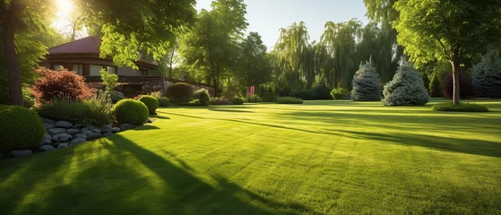 Foto op Aluminium Beautiful manicured lawn and flowerbed with deciduous shrubs on plot or Park outdoor. Green lawn closely mowed grass. © Santy Hong