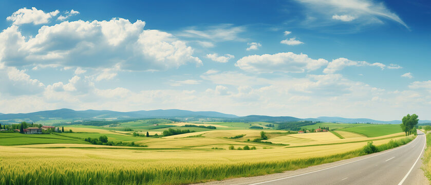 Beautiful summer rural natural landscape with fields young wheat, blue sky with clouds. Warm fresh morning and road stretching into distance. Panorama of spacious hilly area.