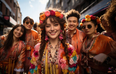 Fototapeta na wymiar Joyful friends in vibrant bohemian attire celebrate together on a bustling city street.