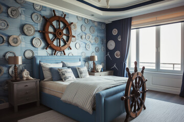 Boy's bedroom with nautical theme, interior design - obrazy, fototapety, plakaty