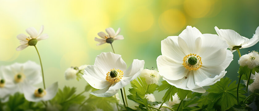 Beautiful white forest flowers anemones and ladybug in sunlight on yellow and green background, template with space for text. Elegant exquisite tender artistic image of spring nature macro.