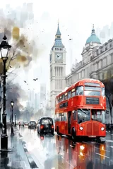 Fotobehang London street with red bus in rainy day sketch illustration © olegganko