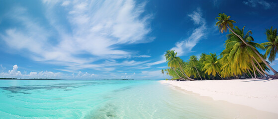 Fototapeta na wymiar Bright tropical landscape with beautiful palm trees, turquoise ocean and blue sky with clouds. White sand beach on island in Maldives.