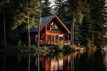 Amazing Wooden House near the Lake in the middle of the Forest. Lot of Vegetation, Green, Nature.