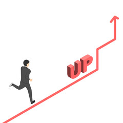 矢印の上を走る会社員の男性とUP・アイソメトリック