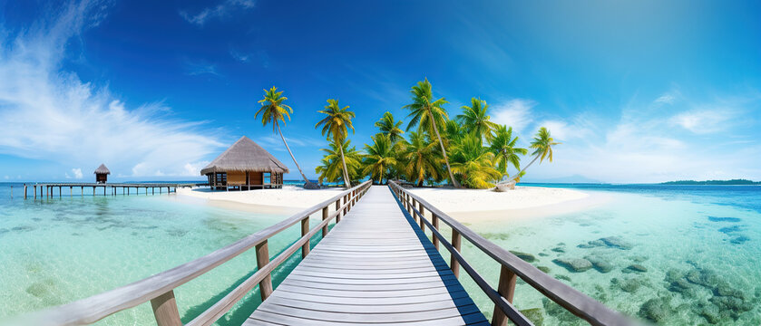 Coconut Palm tree on amazing perfect white sandy beach in island and a bridge to the bungalow. Perfect landscape background for relaxing vacation, island of Maldives.