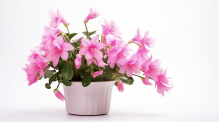 Close up of Pink Schlumbergera Christmas Cactus in Potted Form on White Background with Copy Space.