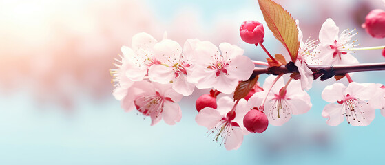 Ladybug close-up on a fluffy flower spring or summer outdoors macro soft focus. Light blue blurred background. Floral background desktop wallpaper a postcard. Romantic soft gentle artistic image.