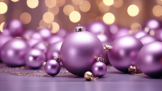 Close Up of Matte Purple and Pink Christmas Balls with Golden Tinsel on Isolated Floor 3D Rendering