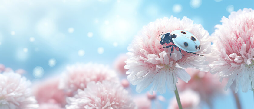 Ladybug close-up on a fluffy flower spring or summer outdoors macro soft focus. Light blue blurred background. Floral background desktop wallpaper a postcard. Romantic soft gentle artistic image.