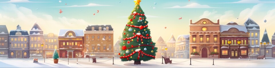Cartoon Christmas Town: Festive Tree in Beautiful Town Square AI Illustration - obrazy, fototapety, plakaty