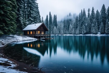 Fototapeta premium Amazing Wooden House near the Lake during Winter Season. Lot of Snow an Snowy Weather.