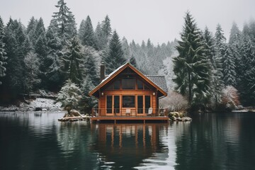Fototapeta na wymiar Amazing Wooden House near the Lake during Winter Season. Lot of Snow an Snowy Weather.