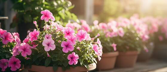 Pink petunia flowers in flowerpots on a background of a garden plot in spring or summer in sunlight. - obrazy, fototapety, plakaty