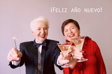 Two beautiful stylish mature senior women celebrating new year. Fun, party, style, celebration concept