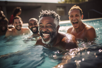A group of men enjoying the pool together - obrazy, fototapety, plakaty