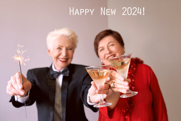 Two beautiful stylish mature senior women celebrating new year. Fun, party, style, celebration concept