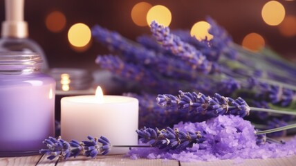 Obraz na płótnie Canvas Christmas Wellness with Lavender Spa Massage: Soothing Oil and Festive Decor on Wooden Background