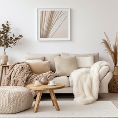 Amazing Interior Design of a Sofa with White Pillows. Natural Light coming from the Window. Golden Hour.