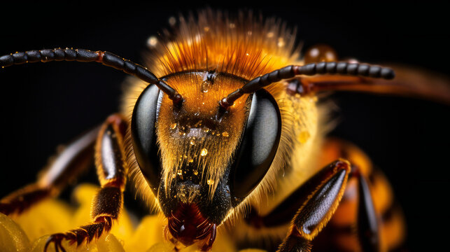 Ultra Macro and sharp image of bee. Generative AI