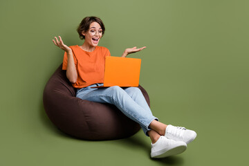 Full length photo of confused girl dressed t-shirt sit on bean bag talk on laptop by video call...