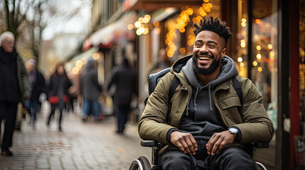 Happy black disabled man smiling while sitting in a wheelchair. Disabled people concept. - obrazy, fototapety, plakaty