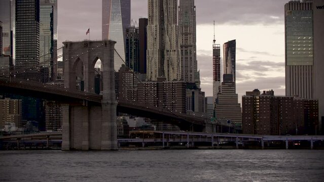 Telephoto Shot of Brooklyn Bridge and Downtown Manhattan at Dusk from Dumbo