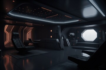 spaceship interior design with dark colours