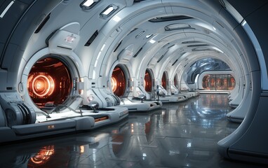 Clandestine massive hangar sized underground research lab, all white and concrete and chromed surfaces, hyperrealistic science fiction