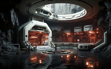 Clandestine massive hangar sized underground research lab, all white and concrete and chromed surfaces, hyperrealistic science fiction - obrazy, fototapety, plakaty