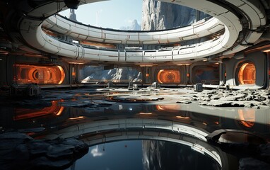 Clandestine massive hangar sized underground research lab, all white and concrete and chromed surfaces, hyperrealistic science fiction