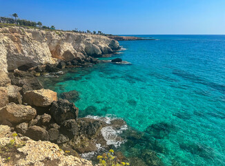 A close-up of turquoise Mediterranean sea water near the coast of the island of Cyprus