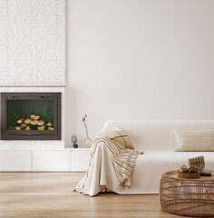 Wall mockup in modern home interior with fireplace, 3d render