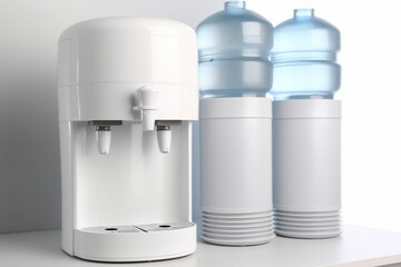 Bottled water dispenser with cups for delivery and transport. Generative AI