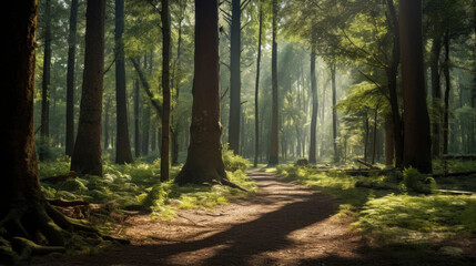 Obraz premium Sunrise Spotlight: Mindfulness in Serene Forest Clearing