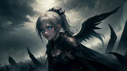 Fotobehang A beautiful dark angel ANIME style 1. A beautiful illustration of an angel, drawn in the anime style. The illustration is perfect for use in a variety of projects, such as web design, social media. © Gbuhi