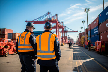 Two workers at the port, standing next to containers. Trade port.