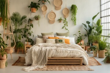 Bohemian styled bedroom with macrame wall hangings and potted plants.