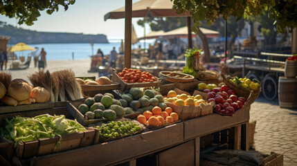 Market Morning in Coastal Town Square: Colorful Fruits Fresh Baked Bread