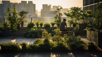 Dawn Tai Chi in Tranquil Rooftop Garden: Potted Plants Golden Glow