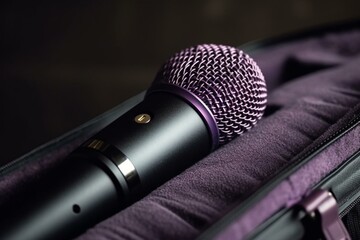 Close-up concert microphone mounted on tripod, perfect for singers or event hosts. Purple condenser microphone on modern sound equipment. Generative AI