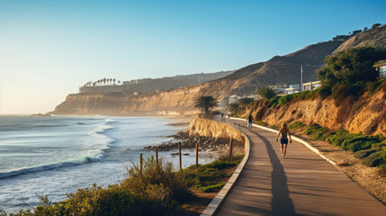 Early Morning Coastal Boardwalk: Vibrant Path Azure Waves Tousled Hair