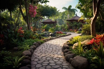Botanical garden filled with exotic plants, flowers, and pathways.