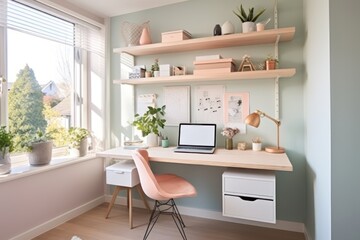 Bright home office nook with pastel colors and wall-mounted shelves.