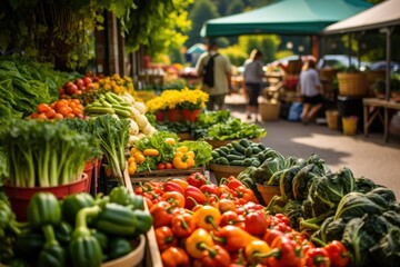 Bustling farmer's market with fresh fruits, vegetables, and handcrafted items. - obrazy, fototapety, plakaty