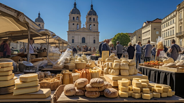 Bustling Morning Market Square with Artisanal Cheese